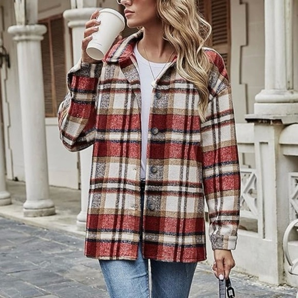 Plaid Flannel Shacket Button Down Jacket Shirt Pockets Red Boho Western Medium - Picture 1 of 14